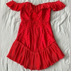 Red lace detail dress off the shoulder